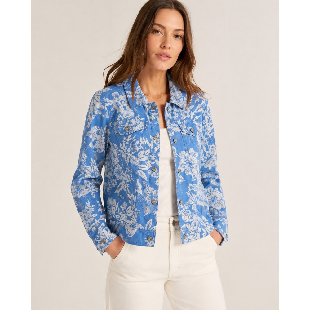C&C California Linen Jacket Womens Large Blue White Floral Button Up Tropical